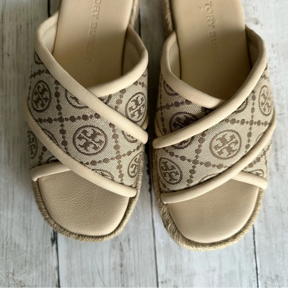 PREOWNED TORY BURCH T MONOGRAM CROSS ESPADRILLES SLIDE SANDALS CREAM 7 WOMEN - Picture 6 of 6
